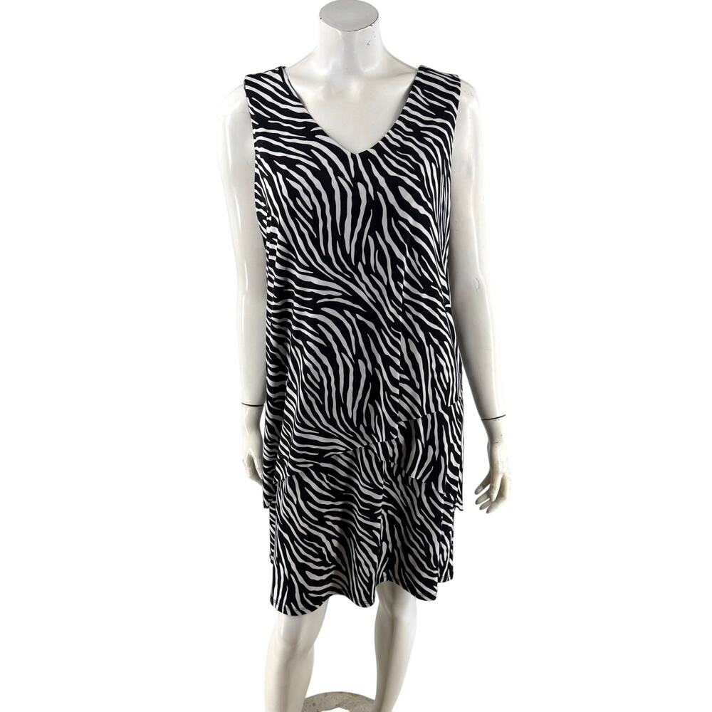Susan Graver Womens Dress Sz Large Petite Black White Zebra Print Stretch Tiered